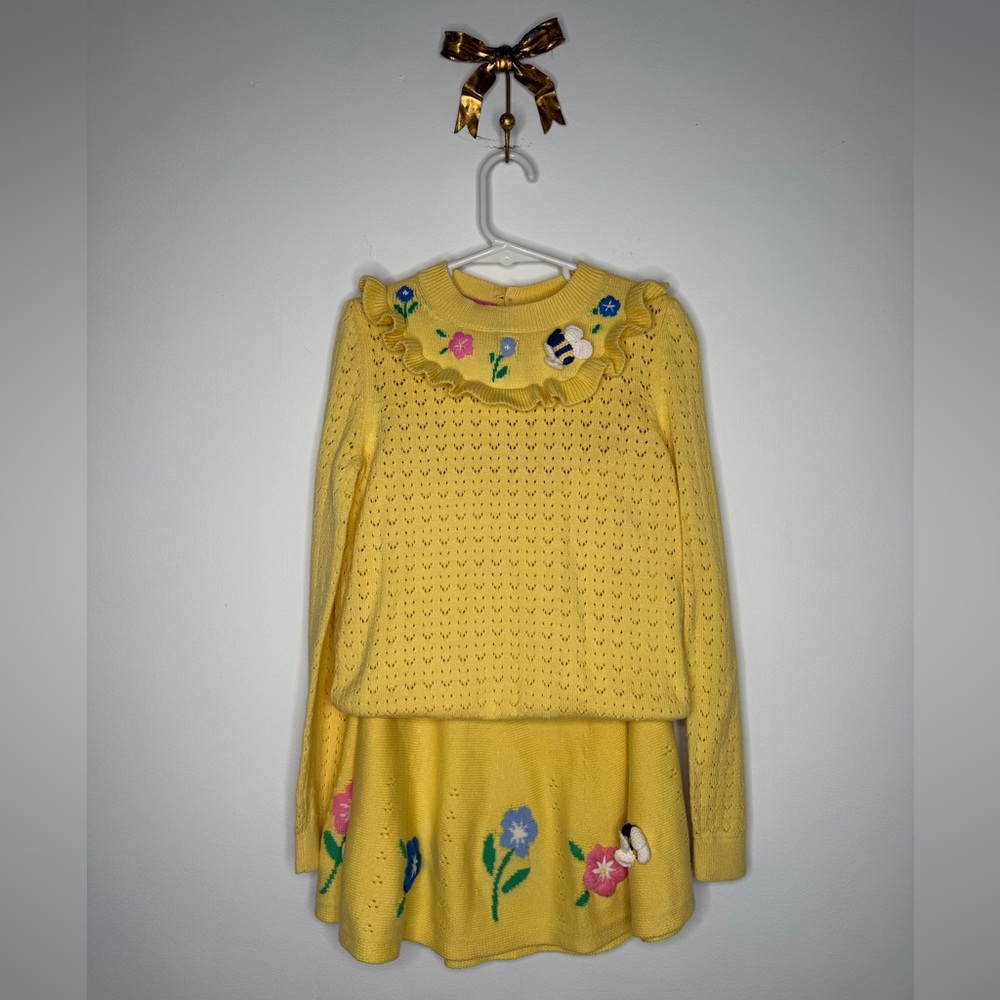 Mini Boden Yellow Knit Dress with Floral & Bee Details